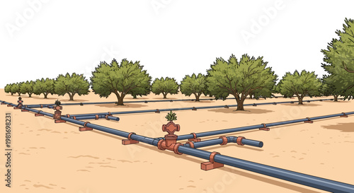 An illustration of an agricultural irrigation system with pipes and valves watering rows of trees in a dry field.