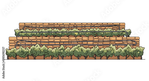 Detailed illustration of a multi-tiered brick wall adorned with vibrant green hedges and subtle irrigation lines.