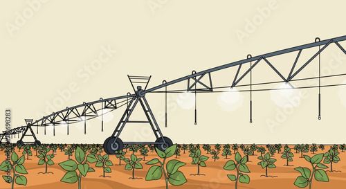 A long center-pivot irrigation system watering a field of young green plants under a clear sky, showcasing modern agricultural technology.