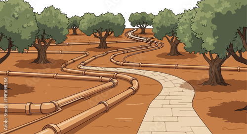 A winding stone path and multiple pipelines traverse a field of trees under a clear sky, illustrating infrastructure in a natural setting.