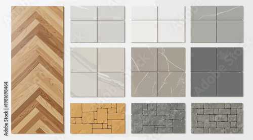 Set of various floor and wall tile textures including wood herringbone, marble, stone, and ceramic tiles