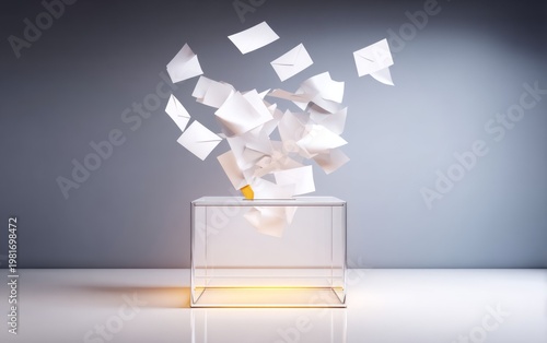 Transparent Ballot Box with Papers in Mid Air Composition
