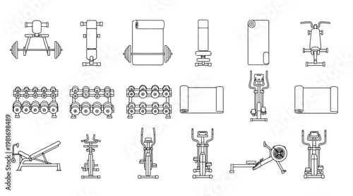 Collection of gym equipment icons including weight benches, dumbbells, exercise bikes, and rowing machines