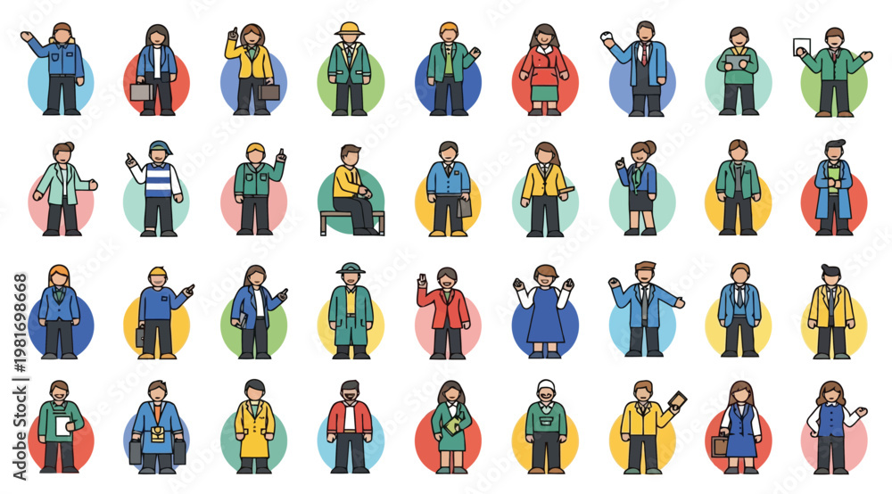 Fototapeta premium Set of diverse professional business people avatars, flat vector icons of office workers, managers, and corporate employees in various poses and outfits