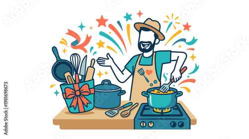 Happy Chef Cooking with Kitchen Utensils and Festive Decorations