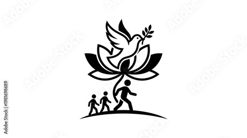 Peace Dove Symbol with Lotus and People Silhouette