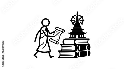 Monk Examining Scroll by Stack of Books and Pagoda