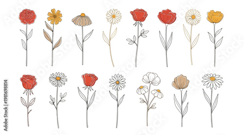 Collection of handdrawn floral elements, botanical illustrations of various flowers and leaves, elegant line art style with subtle color accents