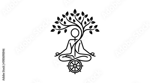 Meditating Human Figure with Tree and Dharma Wheel