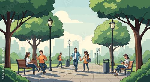 People enjoying a sunny day in a city park, walking and relaxing on benches.