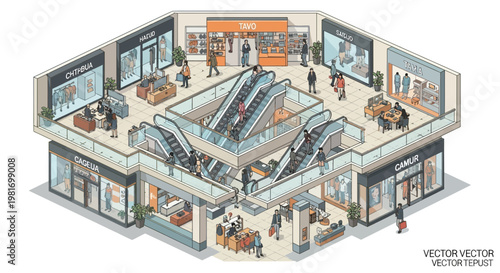 Obraz na płótnie Isometric shopping mall interior with escalators, shops, and people, modern retail complex illustration