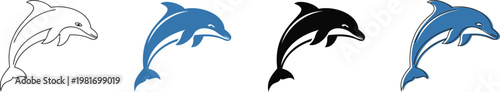 Dolphin icon set featuring jumping marine mammals in blue and black styles. Aquatic animal silhouettes represent nature sea life and summer vacation. Vector illustration.