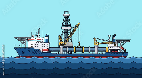 Offshore construction vessel laying pipeline on blue ocean, industrial shipping