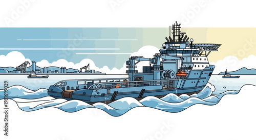 Offshore Supply Vessel Navigating Choppy Waters Near Industrial Harbor