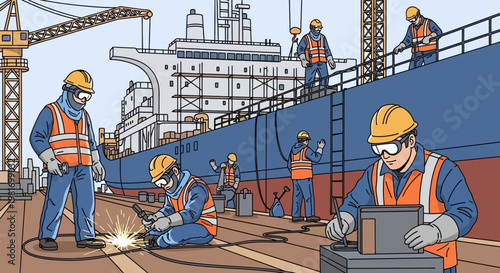 Shipyard Workers Building Large Vessel, Welding and Construction