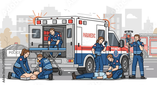 Paramedics Performing Emergency Medical Procedures Beside Ambulance and Police Car