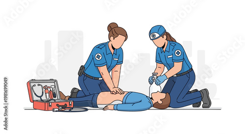 Paramedics performing CPR on patient, medical emergency, life saving