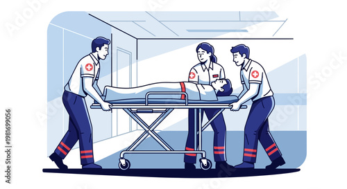 Paramedics Transporting Patient on Stretcher Inside Hospital Corridor