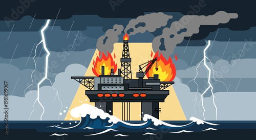 Offshore oil rig on fire during a severe thunderstorm, catastrophic industrial disaster