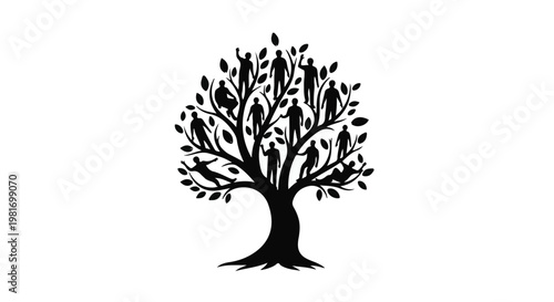 Tree silhouettes depicting a diverse corporate team working together as a single unified community to build a successful future in this modern professional growth conceptual graphic illustration.
