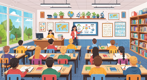 Diverse students learning in a bright, modern classroom with teacher at interactive whiteboard