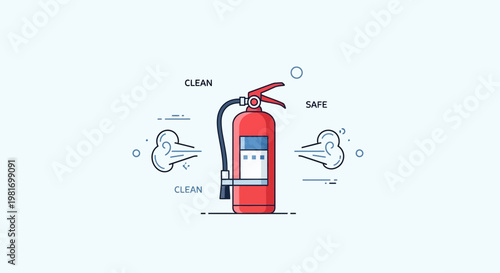 Red Fire Extinguisher with Clean and Safe Text and Smoke Illustrations