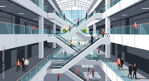Modern shopping mall interior with escalators, people walking, and natural light.
