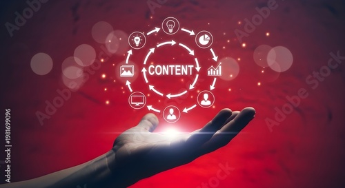 Hand presenting content creation process with icons and circular workflow