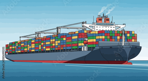 Massive Cargo Ship Carrying Colorful Containers Sailing on the Ocean