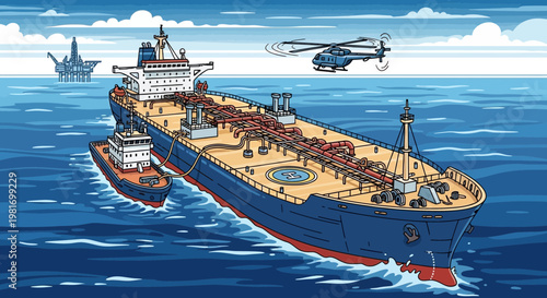 Giant oil tanker and tugboat sailing at sea near offshore oil rig, helicopter flying