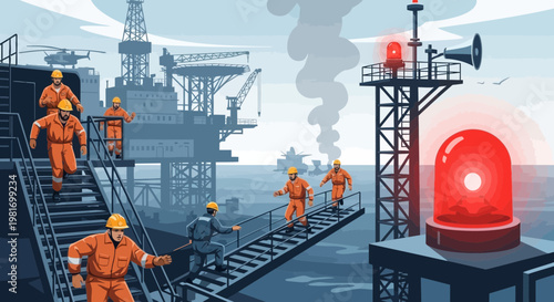 Offshore workers in orange jumpsuits evacuate oil rig during emergency alarm
