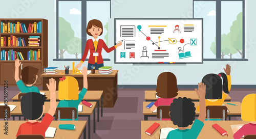 Teacher Leading Interactive Lesson with Students Raising Hands in Modern Classroom