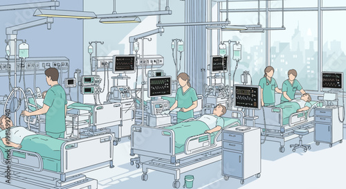 Modern hospital intensive care unit with patients and medical staff