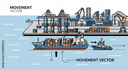 Container Ship Assisted by Tugboat, Industrial Port with Cranes and Cargo, Vector Illustration