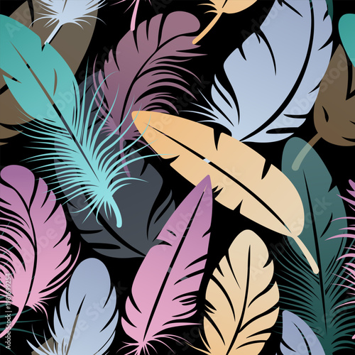 Seamless pattern with soft pastel feathers on dark background, elegant modern design for textiles, wallpapers, fashion prints and decorative surfaces. vector