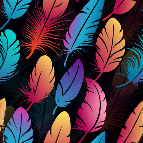 Vibrant vector seamless pattern with multicolor feathers on dark background, modern decorative design for textiles, wallpapers, fashion prints, and digital use.