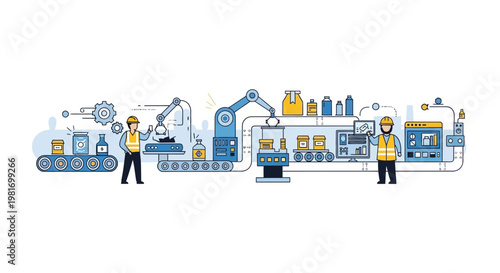 Modern factory production line with robotic arms, workers, and automated machinery.