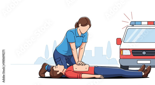 Woman performing CPR on man lying on ground with ambulance in background
