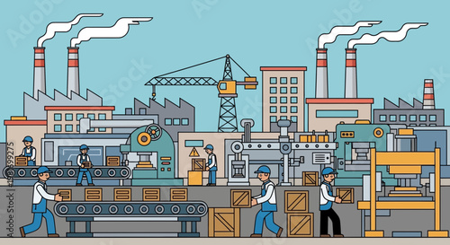 Industrial factory production line with workers, conveyor belts and machinery.