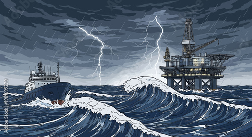 Oil Rig and Ship Battling Stormy Seas with Lightning Strikes