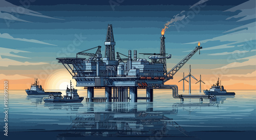Pixel art offshore oil rig platform with tugboats and wind turbines at sunset
