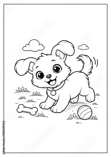 cartoon coloring page of a cute dog playing with a bone.