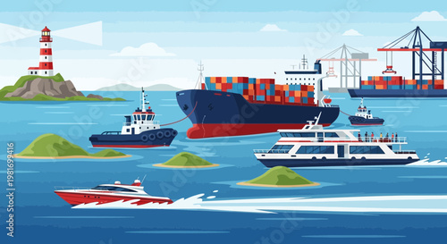 Busy Harbor Scene with Ships, Lighthouse, and Cargo Cranes