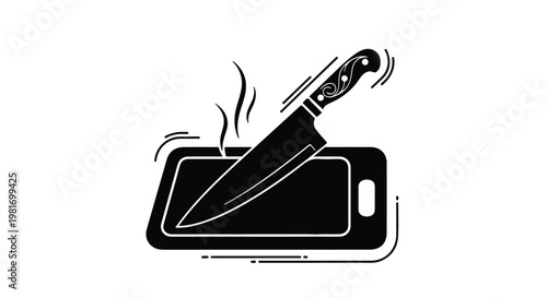 Kitchen knife embedded into a cutting board represents a culinary preparation scene in this minimalist black graphic illustration that highlights the action of cooking and food management.