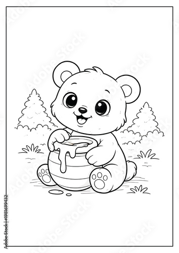 cartoon coloring page of a cute bear with honey.