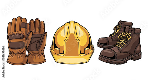 Construction Worker Safety Gear: Hard Hat, Gloves, and Boots - Isolated on White