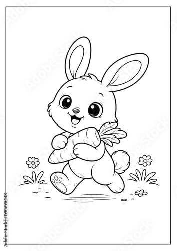 cartoon coloring page of a cute rabbit playing with a carrot.