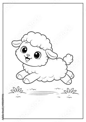 cartoon coloring page of a cute sheep playing.