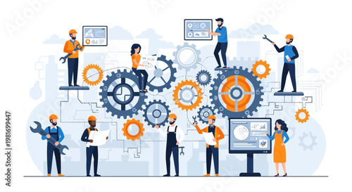 Teamwork Engineering Team Working on Complex Gear Mechanism and Project Plan