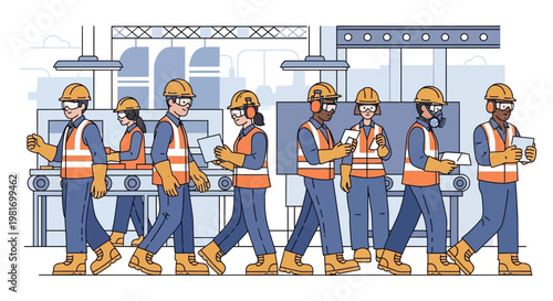 Diverse factory workers in safety gear on assembly line, industrial manufacturing process